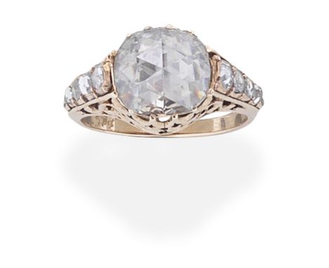 DIAMOND RINGThe rose-cut diamond between similarly set shoulders, the gallery of scrolling design, ring size approx. LFor fur