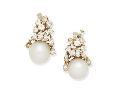 BEN ROSENFELD: CULTURED PEARL AND DIAMOND EARRINGS, 1981The 10.5cm cultured pearls, on a brilliant and marquise-cut diamond s