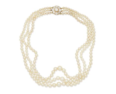 CULTURED PEARL NECKLACE WITH DIAMOND CLASPThe three rows of 4.0-7.5mm cultured pearls, on an old brilliant-cut diamond clasp 