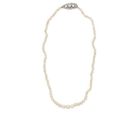 NATURAL PEARL NECKLACE WITH DIAMOND CLASPThe single row of graduated 3.2-6.6mm natural pearls, on a geometric clasp set with 