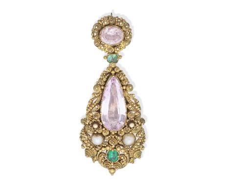 TOPAZ, EMERALD AND PEARL BROOCH, CIRCA 1820Set with pear-shaped and oval-cut pink topaz, cushion-cut emeralds and half-pearls