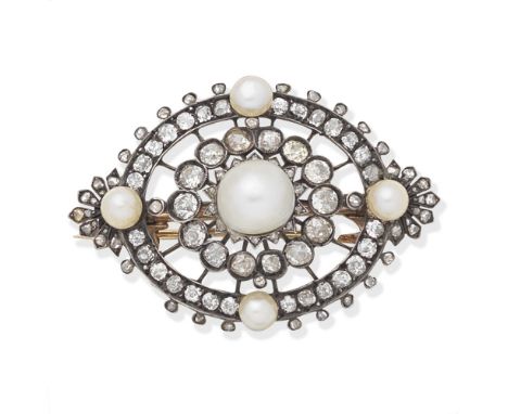 NATURAL PEARL AND DIAMOND BROOCH, LATE 19TH CENTURYOf openwork plaque design, set with an 8.6 x 9.1 x 6.5mm natural button pe