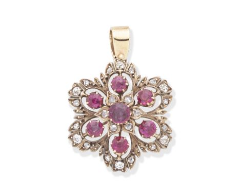 RUBY AND DIAMOND FLORAL PENDANTOf flowerhead design, set with circular-cut rubies and rose-cut and cushion-shaped diamonds, l