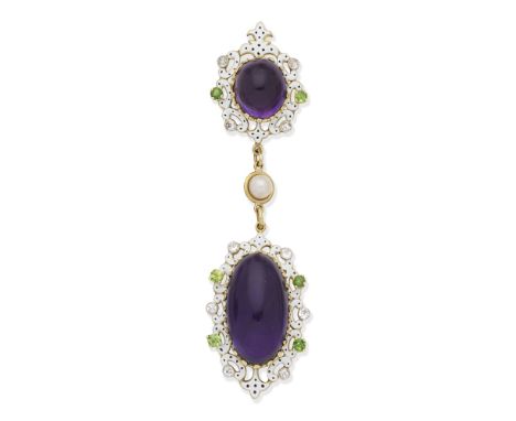 GEM-SET AND ENAMEL PENDANTThe oval amethyst cabochon within a scrolling black and white enamel frame, accented by brilliant-c