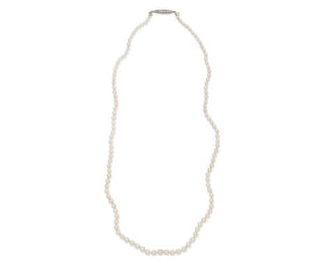NATURAL PEARL NECKLACE WITH DIAMOND-SET CLASPThe single row of graduated 2.6-4.4mm natural pearls, on a single-cut diamond-se