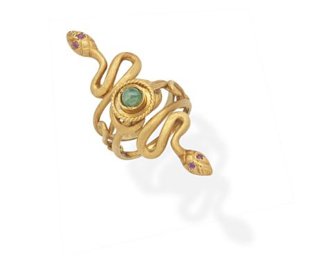 ZOLOTAS: RUBY AND EMERALD-SET SERPENT RINGDesigned as two coiled serpents with circular-cut ruby eyes, set with a central eme