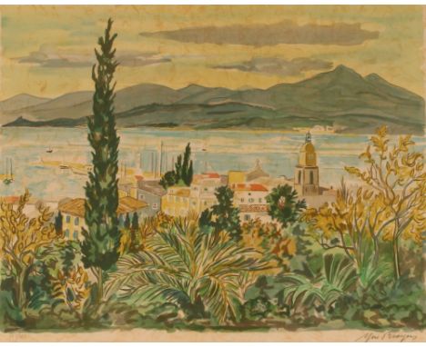 Yves Brayer, lithograph study of a French coastal town, pencil signed to margin, 163/175, 52cm x 69cm