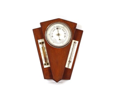 A large Art Deco walnut wall barometer thermometer set 