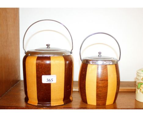 An inlaid wooden biscuit barrel and tea caddy set 