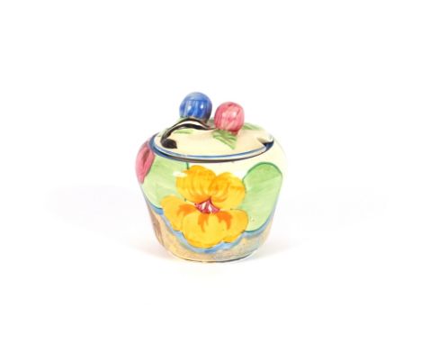 A Clarice Cliff "Delecia Pansies" pattern preserve jar