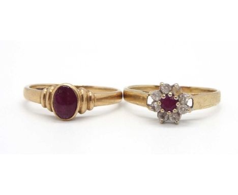 Two 9ct ruby rings: the first set with a small round ruby surrounded by white stones, with plain band stamped 375 with London