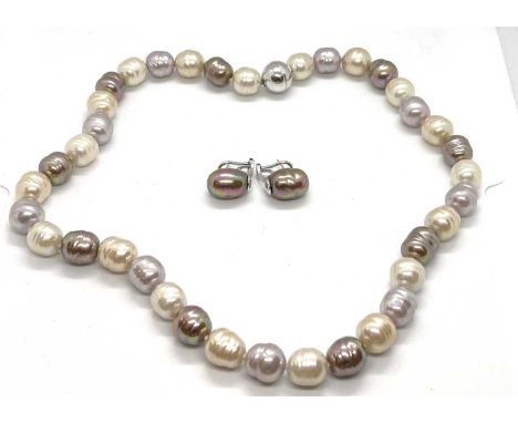 A 'Majorica pearl' necklace and earrings, the beads in varying cream, pink and bronze hues, each approx. 1cm diameter, togeth