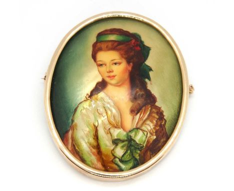 A 9ct painted shell brooch, the oval shell brooch painted with a portrait of a lady, in collet mount stamped 375 with Sheffie