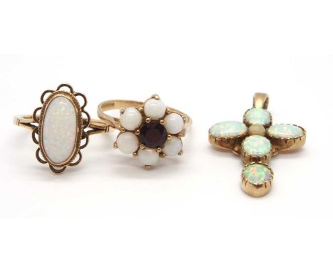 A group of 9ct opal jewellery: to include a 9ct garnet and opal cabochon flowerhead cluster ring, hallmarked Birmingham 1996,
