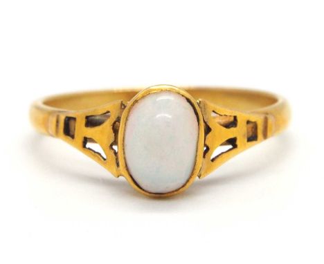 An opal ring, the oval opal cabochon, collet mounted with tapered stylised lotus shape shoulders, with plain lower band stamp
