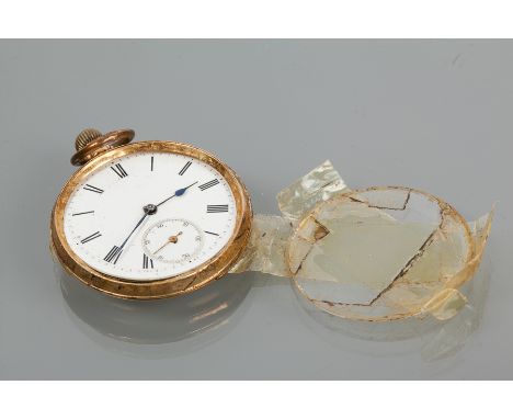EIGHTEEN CARAT GOLD OPEN FACED POCKET WATCH
unsigned keyless wind movement, the white enamel dial with Roman numerals and sub