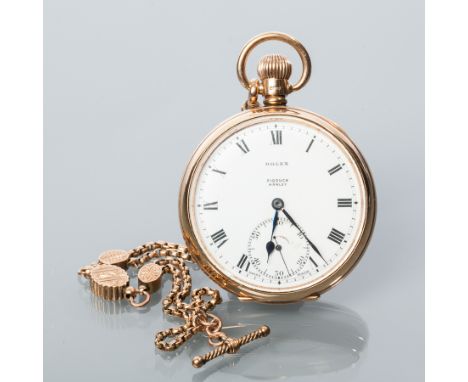 NINE CARAT GOLD OPEN FACED ROLEX POCKET WATCH AND ALBERT CHAIN
1930, signed 11 jewels keyless wind movement, the signed white