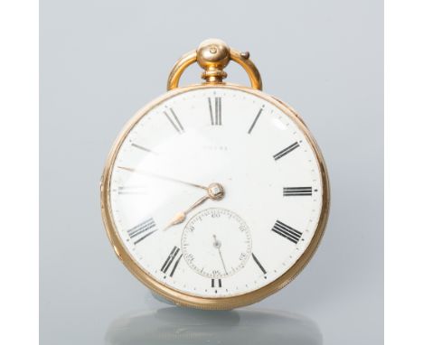 EIGHTEEN CARAT GOLD OPEN FACED POCKET WATCH
unsigned key wind movement, the numbered white enamel dial with Roman numerals an