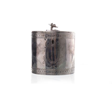GEORGE III SILVER TEA CADDYmaker Andrew Fogelberg, London 1773, circular form engraved with repeating border, floral swag car