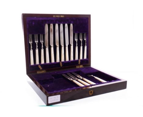 SET OF TWELVE LATE 19TH CENTURY SILVER PLATED AND MOTHER OF PEARL HANDLED DESSERT KNIVES AND FORKSmaker John Sherwood & Sons 