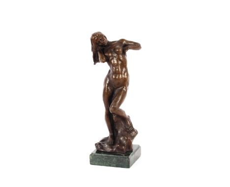 A bronze abstract figure of a naked girl on green marble plinth base, 36cm high