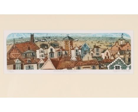 Glynn Thomas, limited edition pencil signed coloured etching, "Aldeburgh roof tops", 156/200, 15cm x 43cm