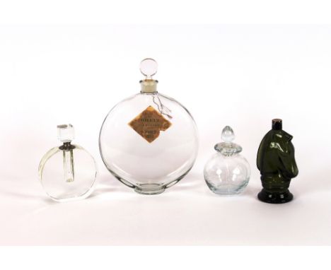 A large glass Eau De Toilette flask; and four various other scent bottles