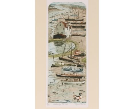 Glynn Thomas, pencil signed limited edition coloured etching, "Woodbridge Tide Mill", 196/200, 54.5cm x 21.5cm