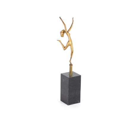 A Lorenzl style gilded bronze figure of a naked dancing girl on black marble base, 29cm high