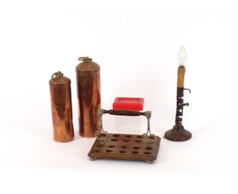 An Art Deco design wooden stand, by Gascoigne and Davies, Birmingham; three retro plastic storage jars; a metal candle lamp i