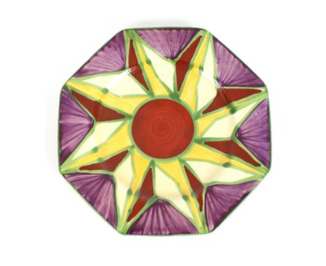 A Clarice Cliff "Bizarre" octagonal plate, 14cms