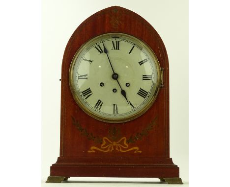 An Edwardian mahogany and marquetry inlaid lancet cased mantel clock, silvered dial with 8-day chiming movement, height 43cm