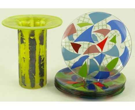 A set of 7 mid-20th century glass plates with printed designs, diameter 25cm, and a silvered yellow Studio glass vase with fl