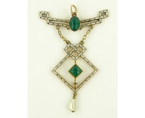 A Liberty & Co, Art Nouveau gold, chrysoprase, pearl and enamel pendant, 9ct gold openwork settings inset with enamel, set wi