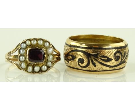 A gold and scrolled enamel ring, tests as 18ct gold, 4.7g, and a pearl and amethyst mourning ring, tests as 9ct gold, 2g (2)
