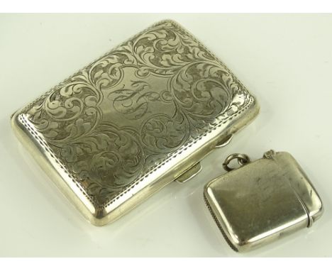 An engraved silver cigarette case, and a silver vesta, 2.8oz gross (2)