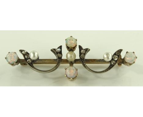 An Edwardian opal pearl and diamond bar brooch, length 44.5mm, 4.6g