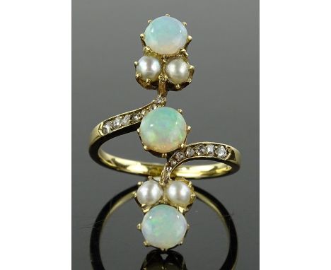 A Russian opal, pearl and diamond cluster line ring, settings probably 14ct, setting height 30.4mm, size M, 4.1g