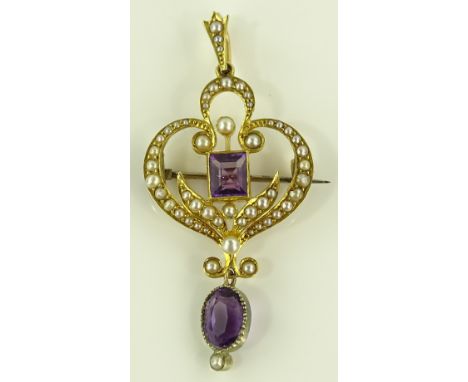 An unmarked gold amethyst and seed pearl pendant/brooch, overall height 50mm, 4.8g