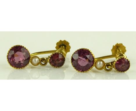 A pair of Almandine garnet and pearl drop earrings, largest garnet 6mm across