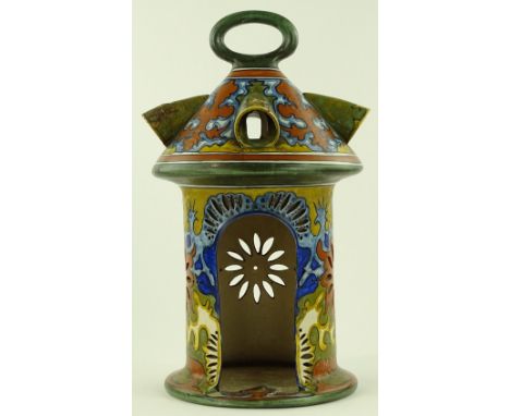 A large Gouda pottery hanging lantern, hand painted decoration, overall height 50cm, a/f