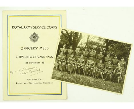 Album of military photos, including a Royal Army Service Corps menu card 1945, signed by Montgomery