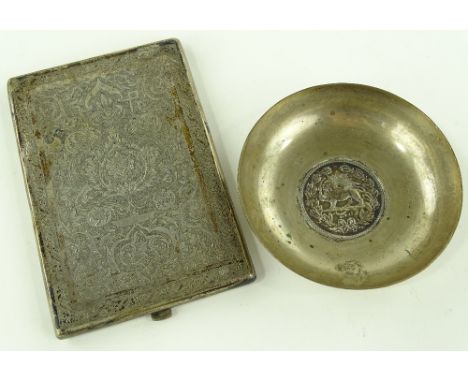 A Middle Eastern white metal, engraved, silver cigarette case, and a white metal, inset coin dish (2)