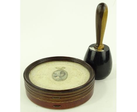A Masonic Lodge ebony and lignum vitae ceremonial mallet, with silver plaque, dated 1933, length 23cm, together with an Edwar