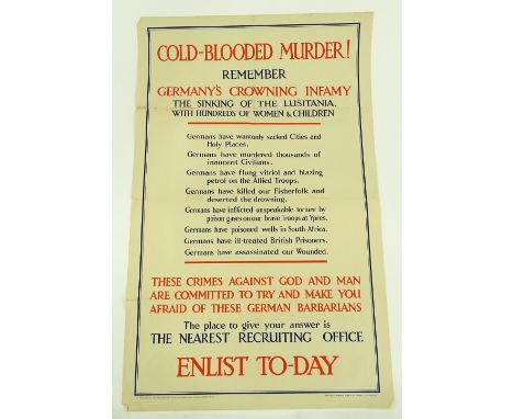 A First War period recruitment poster, cold blooded murder!, remember Germany's crowing infamy, the sinking of the Lusitania,