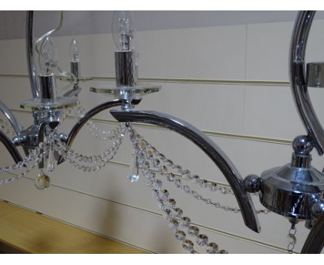 A Swarovski chrome plate and crystal 5-branch hanging light fitting, and matching 3-branch fitting (2) 