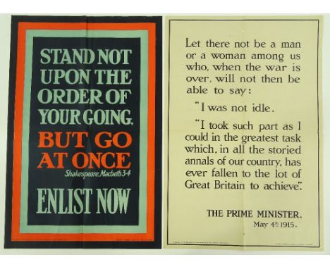 2 First War period Army recruiting posters, published by the Parliamentary Recruiting Committee, sheet size 75cm x 51cm (2)