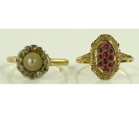 An 18ct gold pearl and diamond cluster ring, and a 9ct gold ruby cluster panel ring (2)