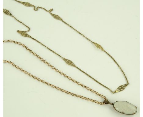 An oval cabochon opal set pendant on 9ct chain, and a 9ct gold fancy link chain, 12.9g gross, (2)