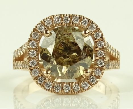 A 4.15ct diamond cluster ring, 14ct rose gold settings, round-cut fancy light brown central stone, clarity SI2, surrounding s